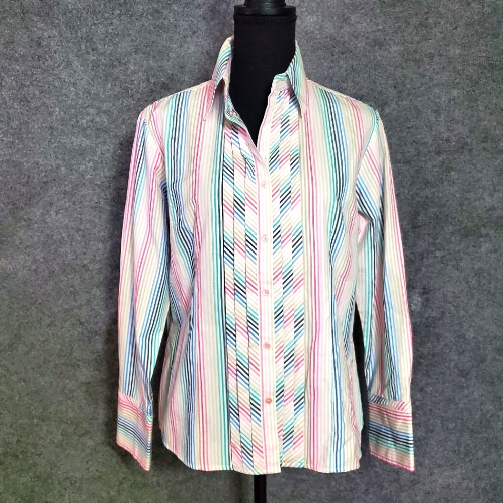 Women's pendleton petite size 10 pastel colors stripe Pleated button up shirt